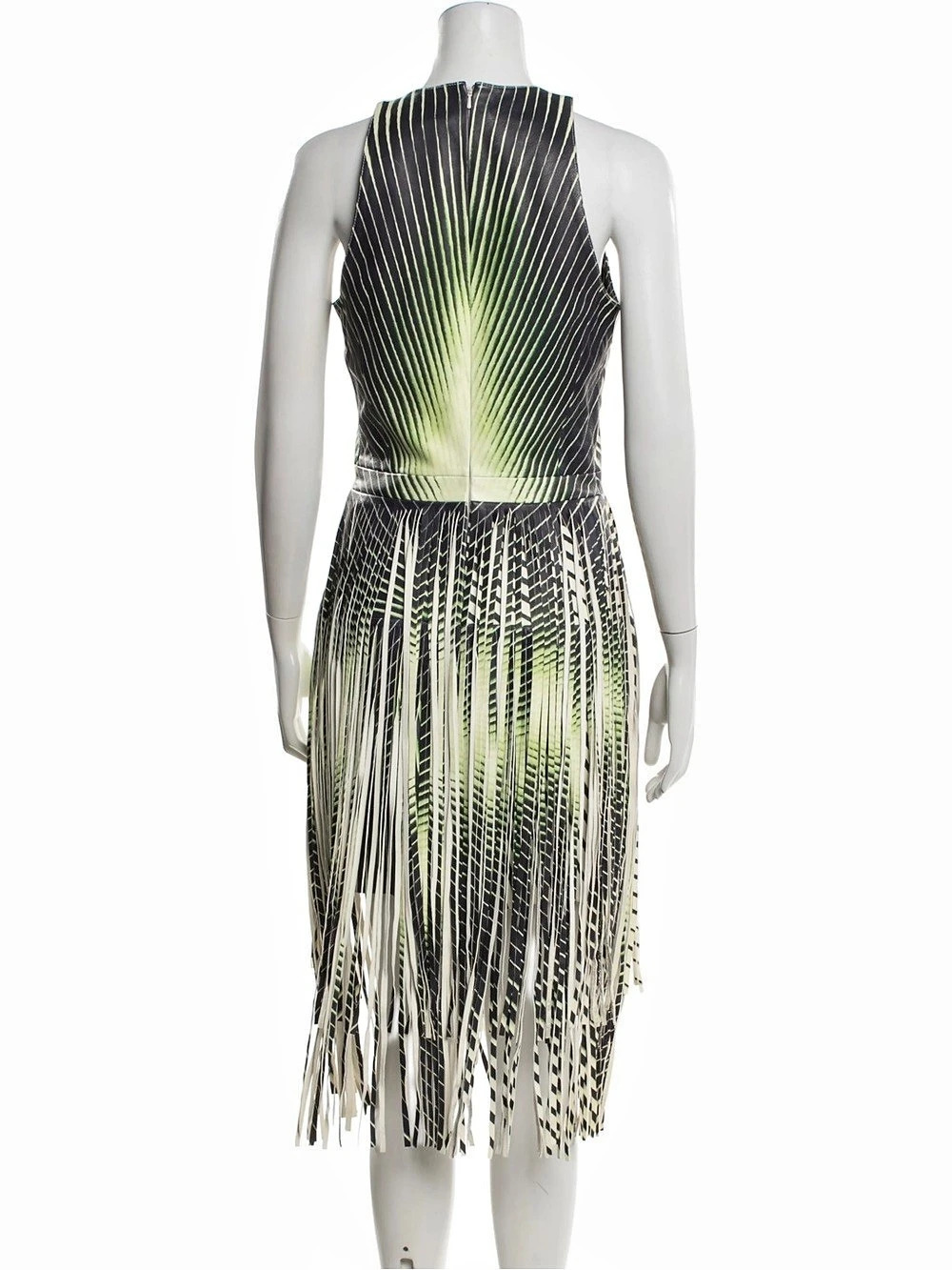 Tamara Mellon Geometric Fringe Leather Midi Dress in Black & Green Size US 10